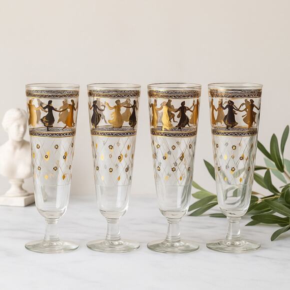 Set of 4 Vintage Aldon Greek Goddess Gold Atomic Barware Pilsner Glasses | MCM - Picture 1 of 12